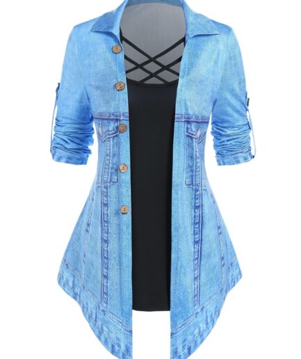 Dresslily Women 3D Print Faux Twinset T Shirt Faux Denim Pointed Hem Crisscross Mock Button Twofer Tee Clothing L Light blue