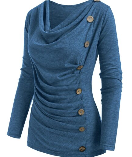 Dresslily Women Heather Mock Button Long Sleeves Draped Cowl Neck T-shirt Clothing S Blue