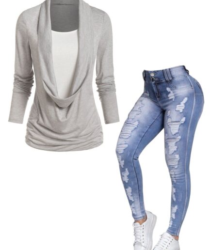 Dresslily Heathered Draped Ruched Long Sleeve  2 In 1  T-shirt And Zipper Fly Light Wash Pockets Ripped Jeans Outfit S Multicolor