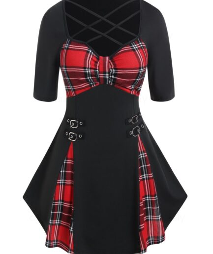Dresslily Fashion Women Plus Size T Shirt Plaid Print Godet Lattice Strap Buckle Half Sleeve Tee Clothing L Black