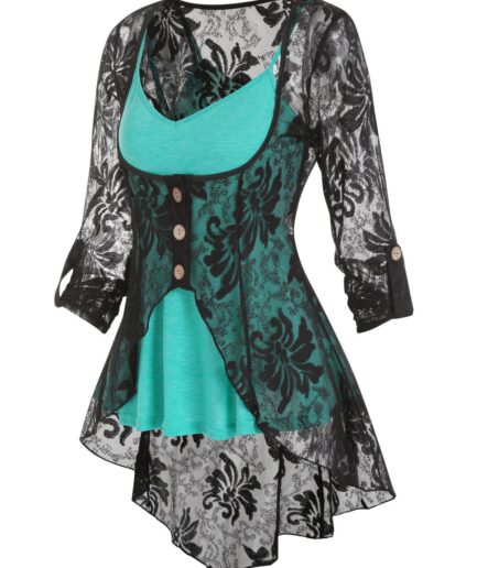 Dresslily Fashion Women Plus Size Top Heathered Flare Skirted Cami Top and Mock Button Slit Flower Lace Blouse Set Clothing L Light green
