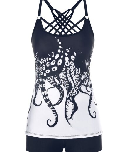 Dresslily Women Tummy Control Tankini Swimsuit Crisscorss Octopus Print Swimwear Boyshort Summer Beach Bathing Suit Swimsuit L White