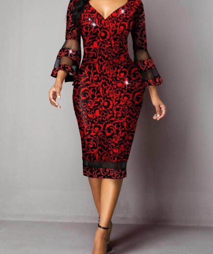 Women Printed Dress Sheer Lace Panel Flare Sleeve Plunging Neck Midi Bodycon Dress Clothing L Deep red
