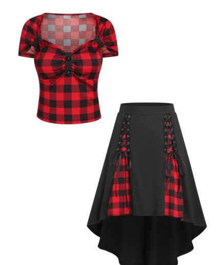 Women Vintage Plaid Print Mock Button Sweetheart Neck and Lace Up High Low Skirt Summer Outfit L Red