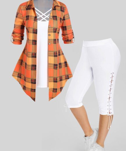 Dresslily Plus Size Plaid Print Crisscross Faux Twinset T Shirt And Lace Up Capri Leggings Casual Outfit L Multicolor