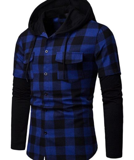 Men Shirt Plaid Print Shirt Hooded Shirt Front Pocket Long Sleeve Button Up Shirt Clothing Online L Blue