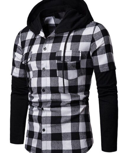 Men Shirt Plaid Print Shirt Hooded Shirt Front Pocket Long Sleeve Button Up Shirt Clothing Online L Black