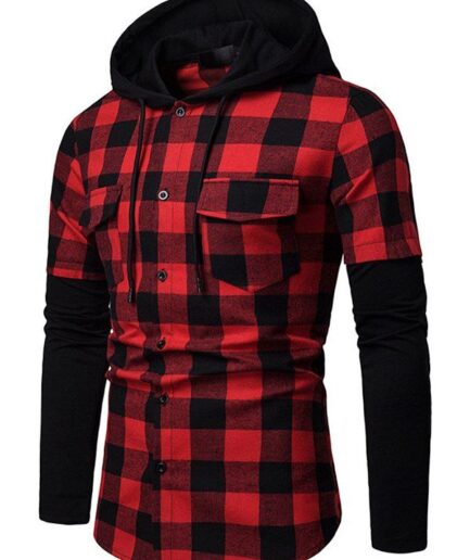 Men Shirt Plaid Print Shirt Hooded Shirt Front Pocket Long Sleeve Button Up Shirt Clothing Online M Red