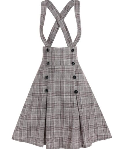 Women Plaid Print Suspender Skirt Cross Back Mock Button Flare Skirt Clothing L Coffee