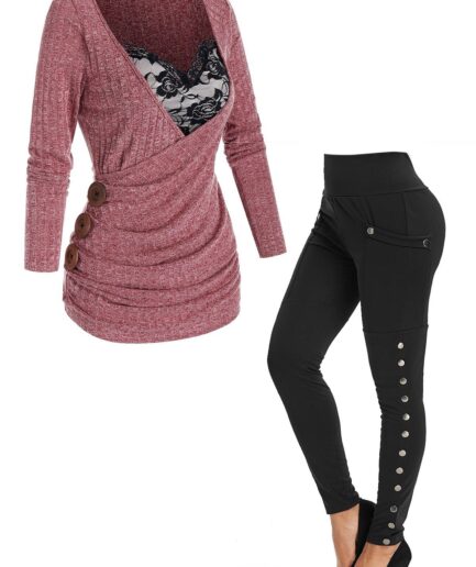 Dresslily Rose Lace Panel Surplice Heathered 2 in 1 T Shirt And Pocket Snap Button Leggings Casual Outfit S Multicolor
