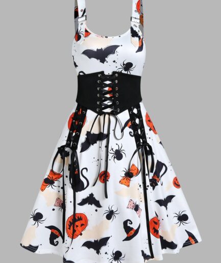 Dresslily Halloween Dress Pumpkin Bat Spider Print Lace Up Wide Waist Adjustable Strap A Line Mini Dress M White
