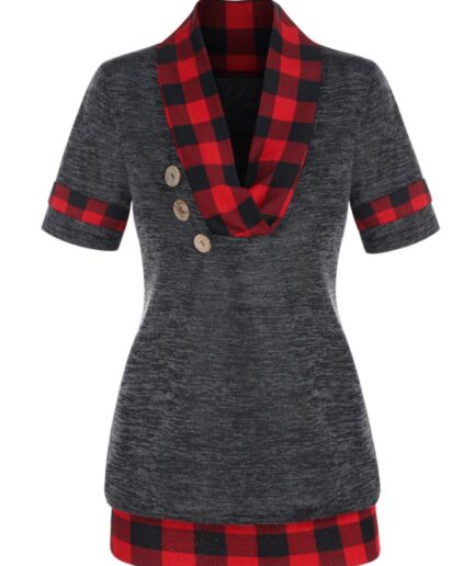 Women Plaid Pattern T Shirt Space Dye Cowl Neck T-shirt Mock Button Short Sleeve Tee Clothing M Dark gray