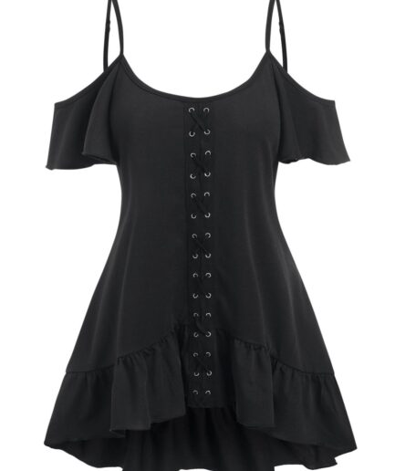 Dresslily Fashion Women Plus Size & Curve Cold Shoulder Lace Up T-shirt Flounce Hem Adjustable Straps Gothic Tee Clothing L Black