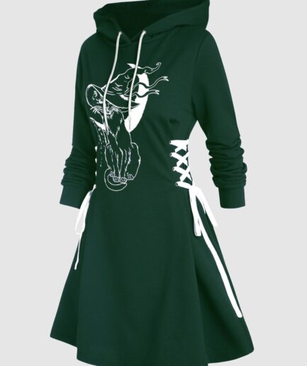 Dresslily Gothic Hoodie Dress Cat Hat Moon Print Lace Up Long Sleeve A Line Mini Dress L Deep green