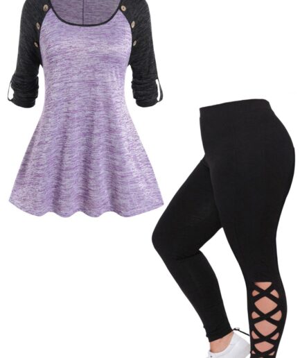 Dresslily Plus Size Colorblock Space Dye Roll Up Sleeve T Shirt And Lace Up Leggings Casual Outfit L Multicolor