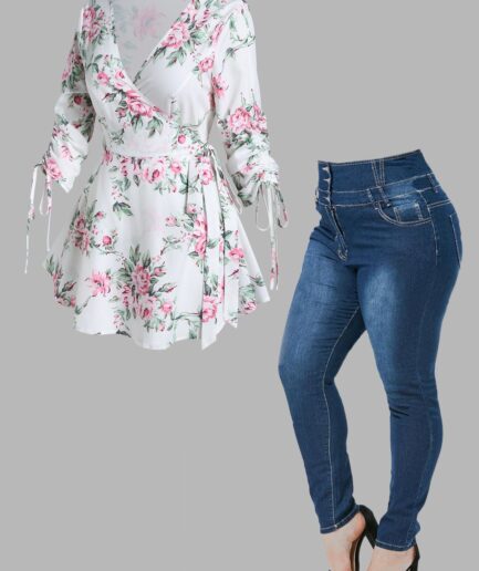 Dresslily Plus Size Wrap Flower Leaf Print Cinched Tied T Shirt And Zipper Fly Pockets Jeans Casual Outfit L Multicolor
