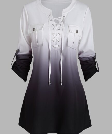 Women Ombre Print Lace Up Shirt Pocket Patches Long Sleeve Pullover Shirt Clothing L Light gray