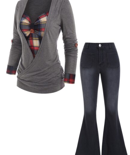 Dresslily Colorblock Plaid Insert Roll Up Sleeve Surplice T Shirt And Zipper Fly Pockets Flare Jeans Casual Outfit S Multicolor