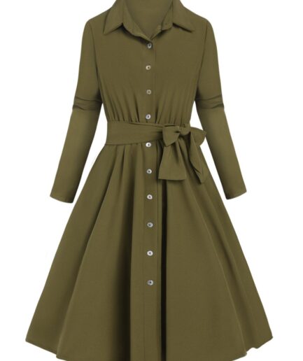 Dresslily Women Solid Color Shirt Dress Button High Waisted Long Sleeve Dress Belted A Line Mini Dress Clothing L Deep green