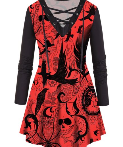 Dresslily Fashion Women Plus Size T Shirt Halloween T Shirt Skull Bat Flower Print Lace Up Long Sleeve Tee Clothing L Black