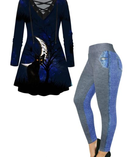 Dresslily Plus Size Black Cat Tree Moon Galaxy Print Lace Up T Shirt And Faux Demin Spliced 3D Print Leggings Halloween Outfit L Multicolor