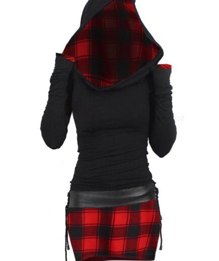 Dresslily Women Plaid Print Turtleneck Belted Mini Dress Long Sleeve Ruched Bodycon Dress Clothing L Deep red