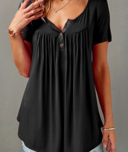 Women Plain Color T Shirt Curved Hem Short Sleeve Casual T-shirt A-quarter-Button Tee Clothing L Black