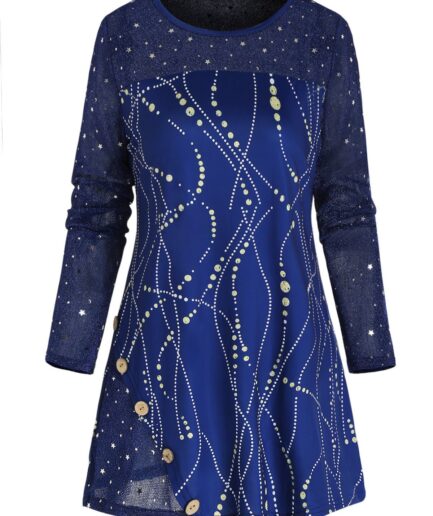 Dresslily Women Printed T Shirt Glitter Star Mock Button Long Sleeve Asymmetrical Hem Casual Tee Clothing S Deep blue