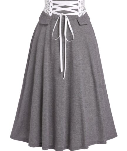 Women Heather Skirt Lace Up Skirt Lace Panel Elastic Waist Casual A Line Midi Skirt Clothing White
