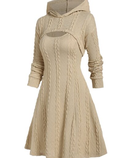 Women Hooded Cable Knit Arm Warmer Sweater and Mini Dress Set Clothing L Light yellow