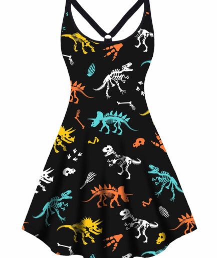 Dresslily Plus Size Dress Colored Skeleton Dinosaur Print Cut Out High Waisted A Line Mini Dress