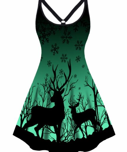 Dresslily Plus Size Dress Elk Snowflake Print Cut Out High Waisted Christmas A Line Mini Dress