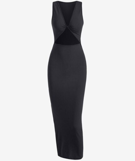 Bodycon Dress Rib-knit Twist Cutout Split Side Slinky Tank Dress L Black
