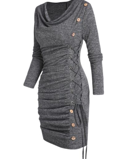 Dresslily Women Heather Dress Draped Mock Button Lace Up Long Sleeve Mini Bodycon Dress Clothing L Dark gray