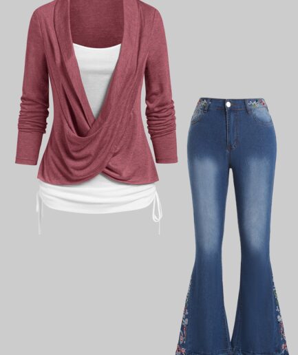 Dresslily Crossover Heathered Ruched Cinched Faux Twinset T Shirt And Embroidery Flower Pockets Flare Jeans Outfit S Multicolor