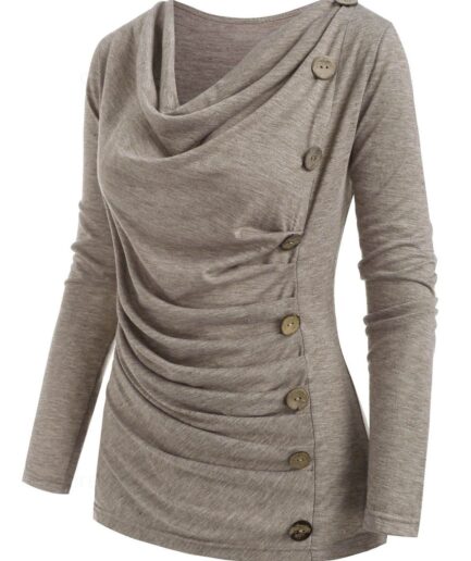 Dresslily Fashion Women Plus Size T-shirt Cowl Neck Ruched Mock Button T-shirt Long Sleeve Curve Tee Clothing L Light coffee