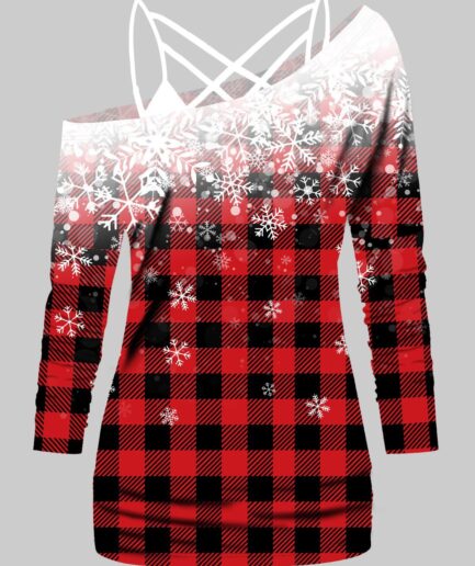 Dresslily Fashion Women Plain Lattice Strap Cami Top And Plaid Snowflake Print Skew Neck Long Sleeve T Shirt Christmas Top