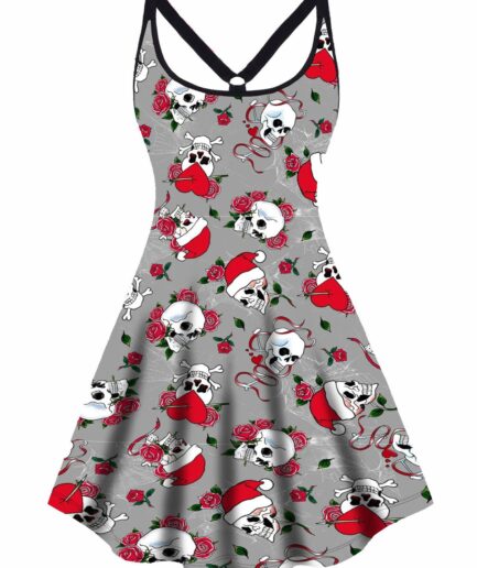 Dresslily Plus Size Christmas Cap Skulls Rose Heart Print Mini Dress O Ring Elastic Straps Cami Dress