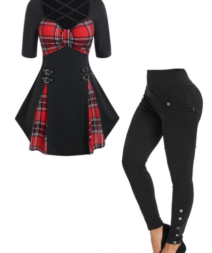 Dresslily Plus Size Plaid Print Godet Lattice Strap Buckle T Shirt And Snap Buttons Pants Casual Outfit L Black