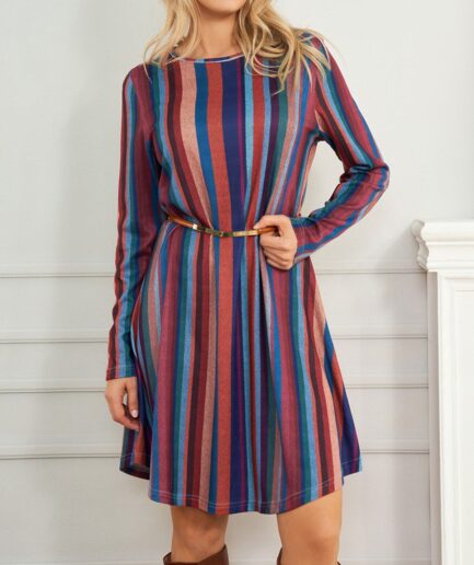Dresslily Women Colored Striped Print Dress Round Neck Long Sleeve A Line Mini Dress Clothing M Multicolor a