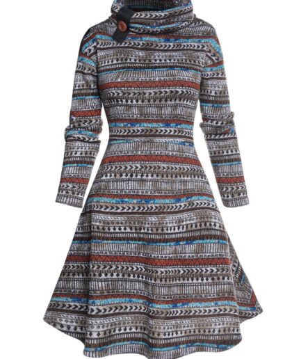 Dresslily Women Ethnic Style Dress Striped Printed Dress Long Sleeve High Waisted A Line Mini Dress Clothing M Coffee