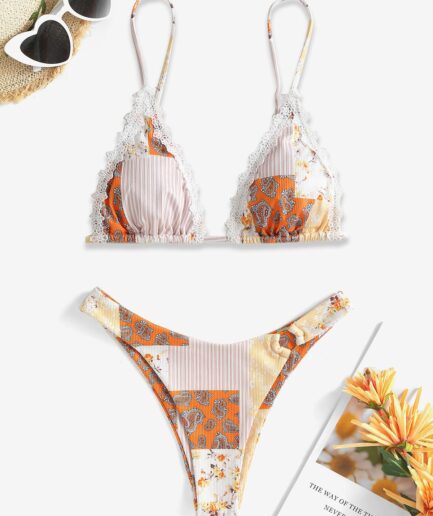 Ethnic Paisley Printed Boho High Leg O-ring Bikini Swimwear Light orange