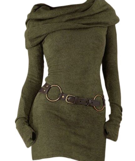 Dresslily Women Hooded Cowl Neck Knit Mini Dress Thumb Hole Full Sleeve Belted Knitted Bodycon Dress Clothing S Deep green