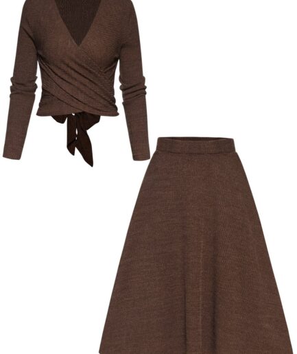Women Crossover Bowknot Tied Back Long Sleeve Cropped Top And Elastic A Line Midi Skirt Plain Color Knitted Outfit L Deep coffee