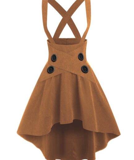 Women Mock Button High-low Suspender Skirt Clothing L Coffee