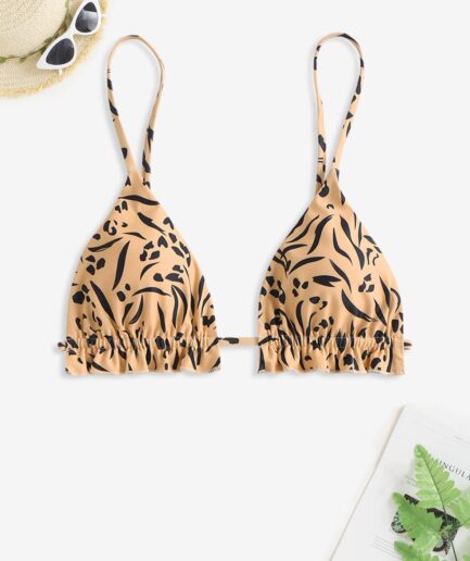 Frilled Animal Print Bikini Top M Light coffee