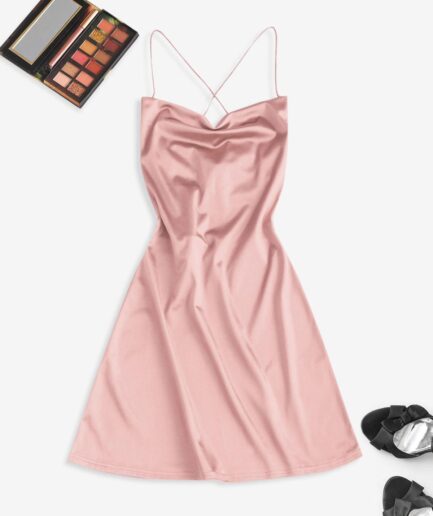Mini Dress ZAFUL Lace Up Open Back Satin Party Vegas Dress L Light pink