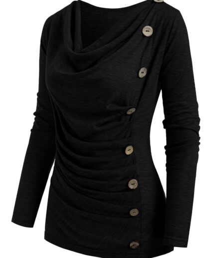 Dresslily Women Heather Mock Button Long Sleeves Draped Cowl Neck T-shirt Clothing S Black