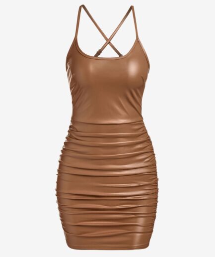 Mini Dress ZAFUL Cross PU Leather Ruched Cami Dress M Coffee
