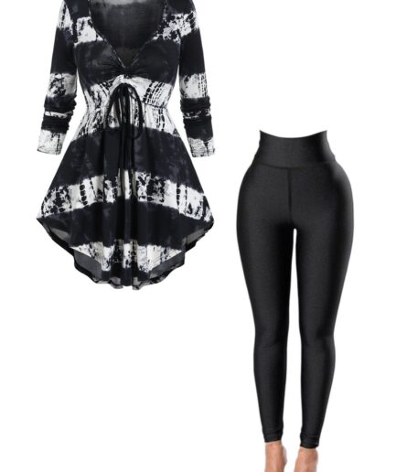 Dresslily Tie Dye Cinched Pointed Hem Long Sleeve High Waisted Skirted T Shirt And Pure Color Topstitching Skinny Leggings Outfit S Black